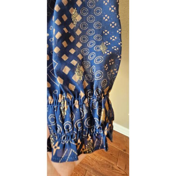 Three Pears Geometric Long Sleeve Smocked Drop Waist Mini‎ Dress Blue Womens M - Picture 6 of 8